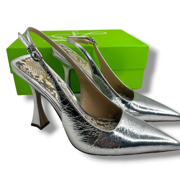NEW Sam Edelman Odette Slingback Heels Size 8 Metallic Silver Leather Pumps - Picture 7 of 12
